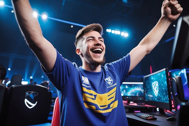 Photo joyful gamer celebrating esports championship win