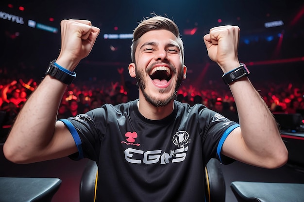 Photo joyful gamer celebrating esports championship win