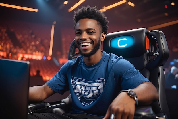 Photo joyful gamer celebrating esports championship win