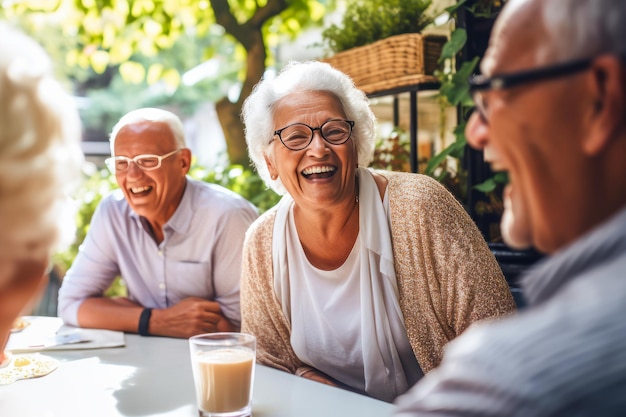 Joyful gathering of elderly friends outdoors sharing laughter and stories around a table with drinks