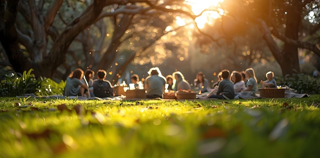 Joyful gathering of friends and family for a serene outdoor picnic in nature39s embrace