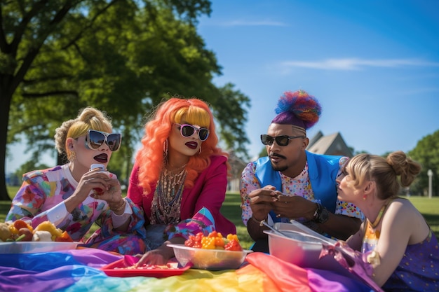 Joyful gathering sunny park vibrant colors LGBTQ pride picnic in community park