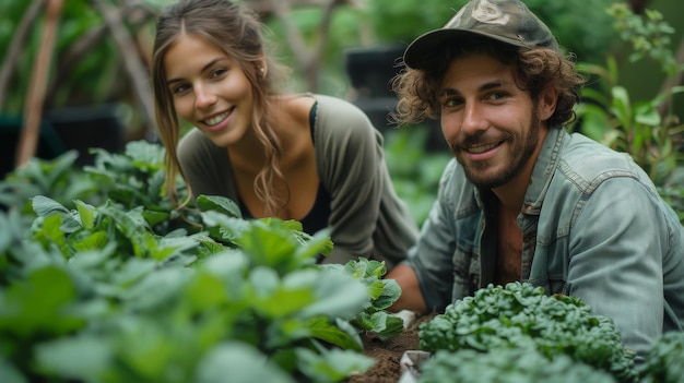 Joyful Genderqueer and Male Couple Gardening Together in Backyard Bliss