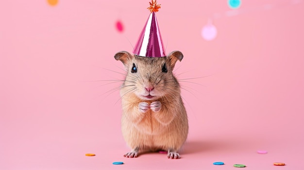 Photo a joyful gerbil in a party hat celebrating a birthday