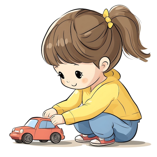 Photo joyful girl playing with cartoon toy car in minimalist