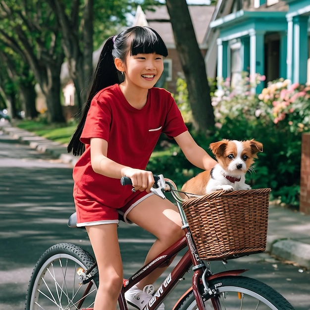 Joyful Girl Riding Bicycle with Puppy on Scenic Street