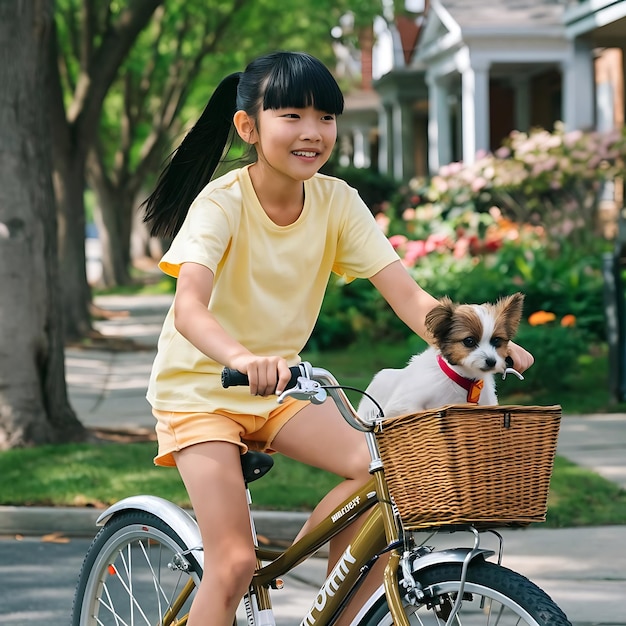 Joyful Girl Riding Bicycle with Puppy on Scenic Street