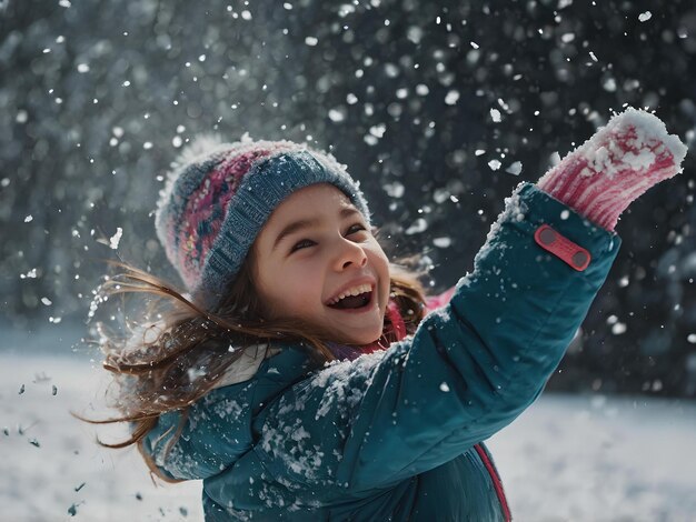 Photo joyful of a girl tossing snow into the air her eyes sparkling with excitement