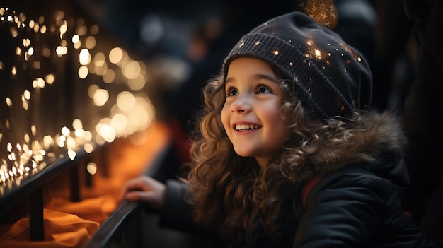 Joyful Girl at Winter Christmas Market Admiring Ornaments Under Festive Lights