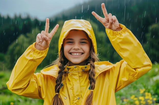 Photo joyful girl with braces dressed in bright yellow raincoat showing sign of victory and peace on rainy nature