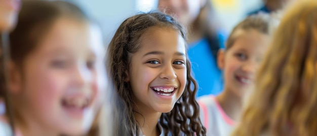 Photo a joyful girl with braided hair smiling brightly in a classroom setting surrounded by peers expressing happiness and camaraderie