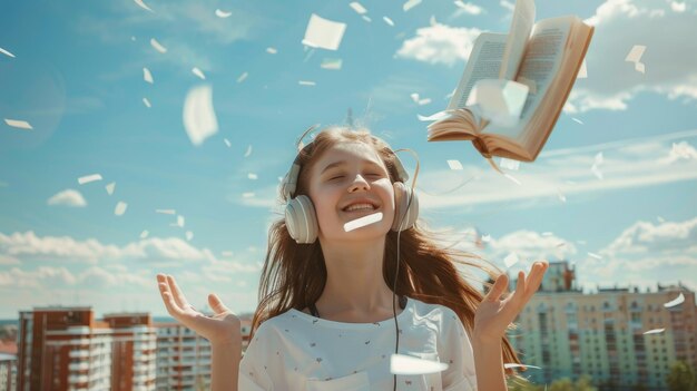 Photo a joyful girl with headphones celebrates as pages fly out of a floating book under a sunny sky