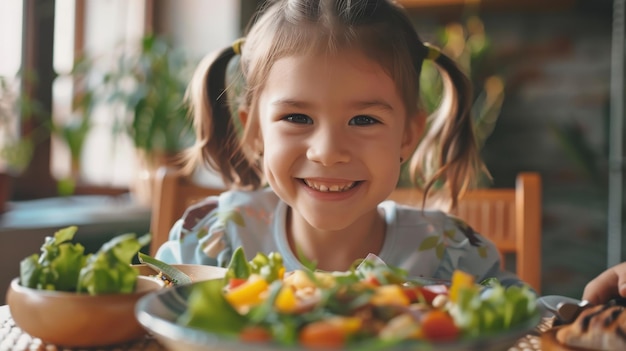 Joyful girl with pigtails savoring a nutritious meal