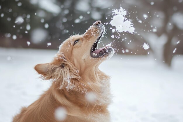 A joyful golden retriever catches snowflakes while playing in a snowy landscape during winter afternoon