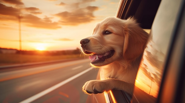 A joyful Golden Retriever puppy enjoys a car ride feeling the breeze as the sun sets on the horizon