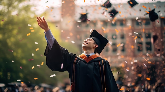 Joyful graduate in cap and gown reaching upwards celebrating achievement with confetti falling around during a graduation ceremony