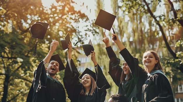 Joyful graduates celebrating achievement outdoors