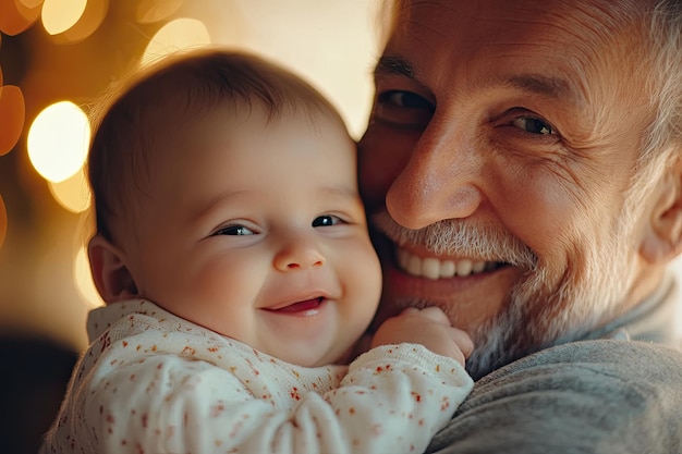 Photo a joyful grandfather smiles while holding his happy baby granddaughter indoors during the holidays