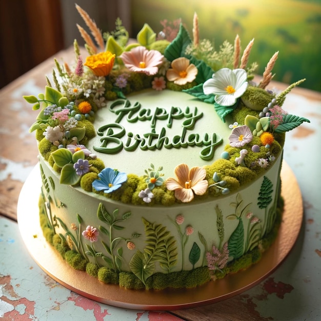 Joyful Greens A Happy Birthday Cake in Vibrant Hues