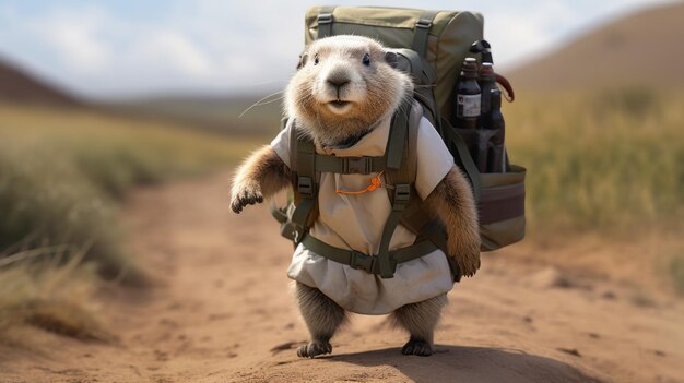 Photo joyful groundhog carrying backpack on dirt path