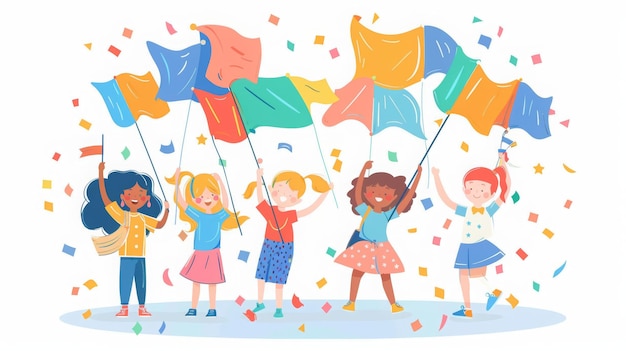 Joyful group of diverse girls waving colorful flags and celebrating with confetti