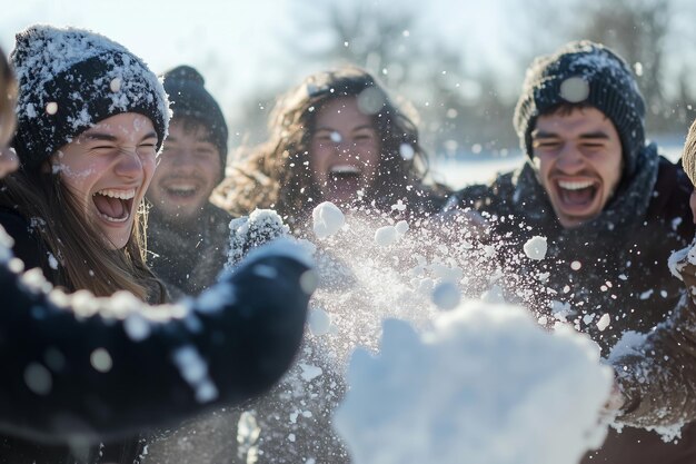 Photo joyful group of friends playfully engaging in a snowball fight on a sunny winter day in a snowy park setting