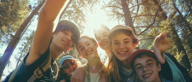 A joyful group of friends poses for a selfie in a sundappled forest exuding warmth happiness and the bond of friendship