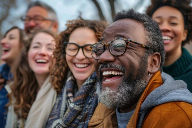 Joyful Group Laughter Therapy Session in Park Under Autumn Trees Community Bonding