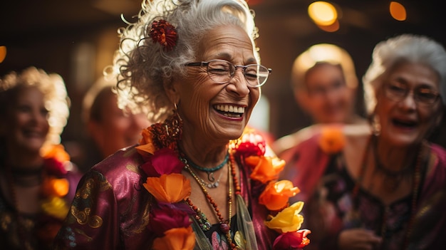 Joyful group of seniors showing vitality while dancing.