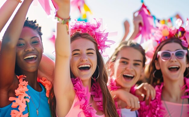 Joyful Group of Young Women Celebrating Outdoors in Summer with Colorful Decorations