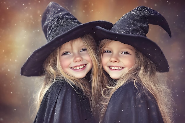 Photo joyful halloween smiles from two little witches in black hats embracing the festive spirit