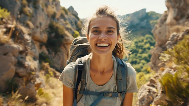 Joyful hiker with scenic mountain backdrop Hiking woman smiling joyfully amidst nature suggesting adventure and happiness