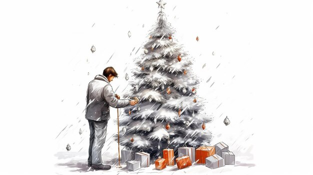 Joyful Holiday Moments Festive Man Decorating Christmas Tree HighQuality Carton Vector Element