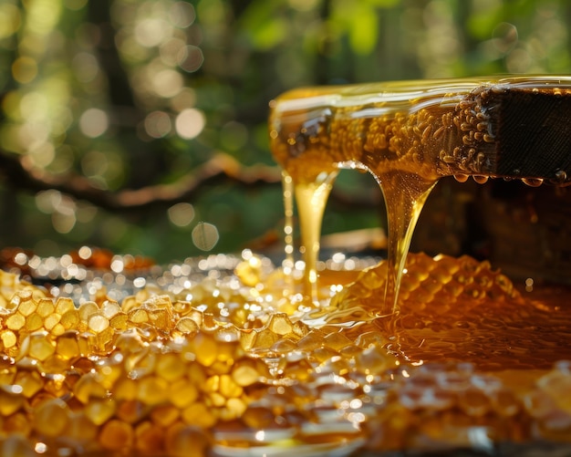 Joyful honey stream next to a cheerful beehive captured in a delightful photography shot