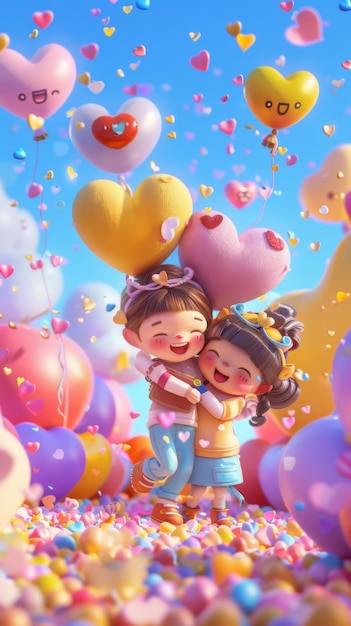 Joyful Hugging Kids with Heart Balloons