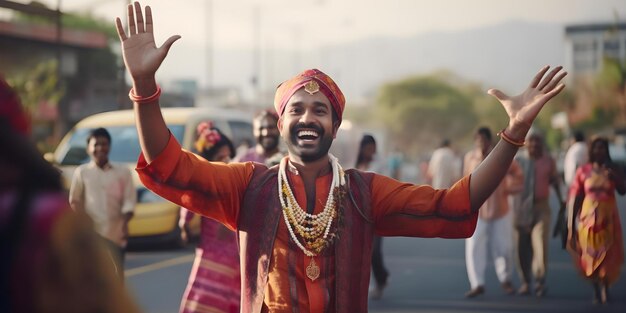 Photo joyful indian man in traditional clothing happily greeting on crowded street concept street photography traditional clothing indian culture candid portraits cultural diversity