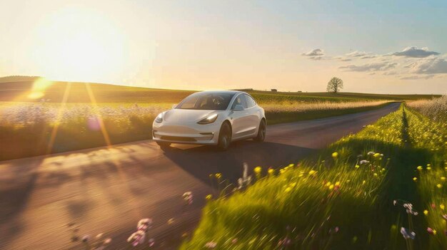 Joyful individual cruising down a sunlit country road in a compact EV surrounded by blooming fields