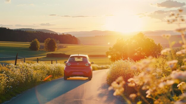 Joyful individual cruising down a sunlit country road in a compact EV surrounded by blooming fields