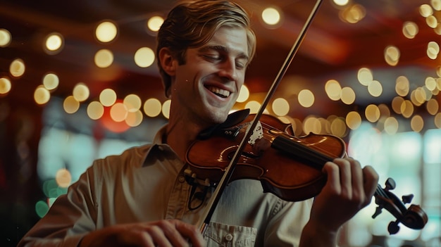 A joyful individual playing the violin amidst a backdrop of warm twinkling lights exuding happiness and musical passion