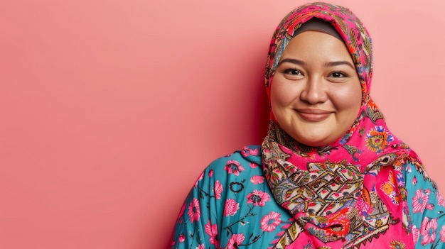 A joyful Indonesian woman in a headscarf smiles warmly