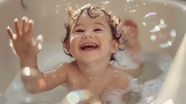 Joyful Infant Hand Reaches for Soap Bubble at Bathtime