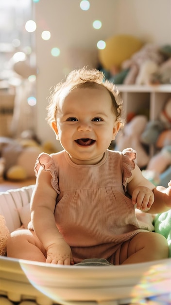 Joyful infant smiling in sunlit room