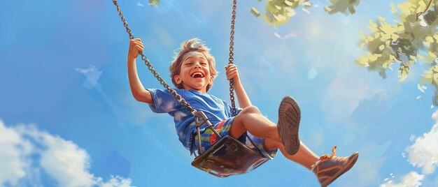 Photo joyful innocent boy swinging on a swing