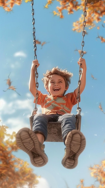 Photo joyful innocent boy swinging on a swing