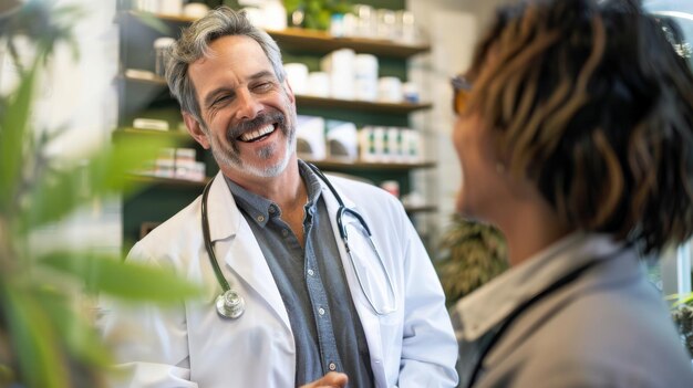 A joyful interaction between a doctor and a patient in a cozy plantfilled clinic highlighting warmth and approachability in healthcare