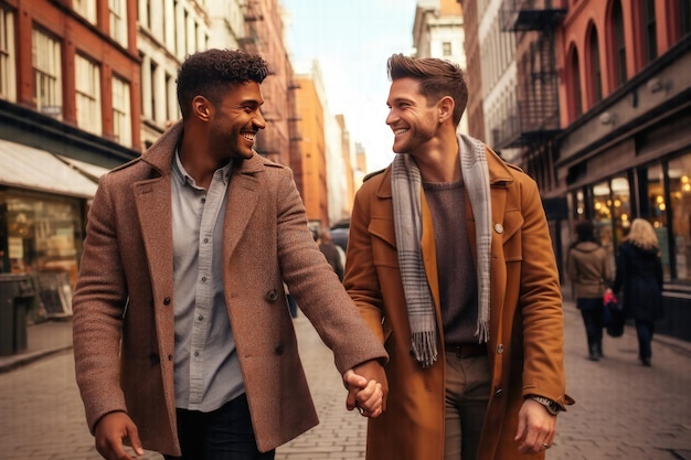 A Joyful Journey of Love Embracing Freedom Gay Couple Holding Hands on a Blissful City Date