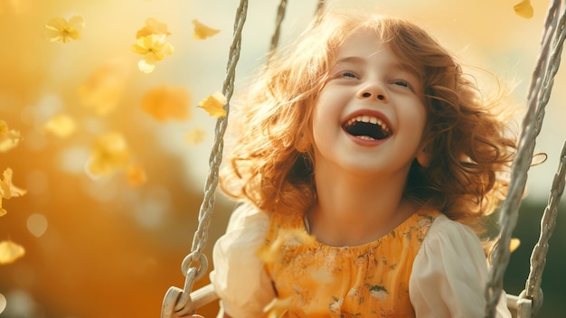 Photo joyful kid girl laughing on a swing on a warm sunny day on a playground concept of carefree play happy childhood summer fun and outdoor activities