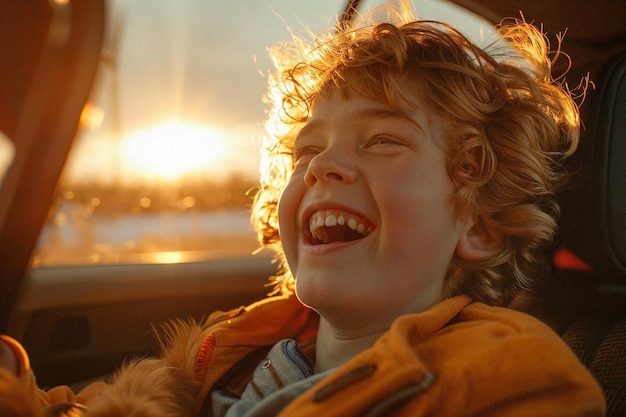 Photo joyful kid laughing in car during sunset travel