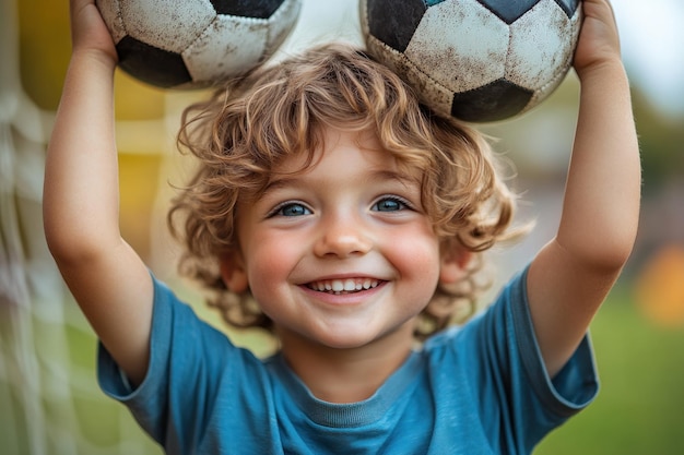 Joyful Kid with Soccer Balls