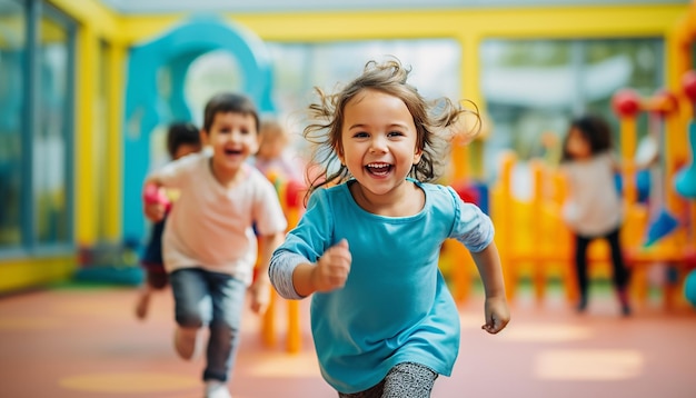 Joyful kids are playing at kindergarten photography Colorful and minimal kindergarten background